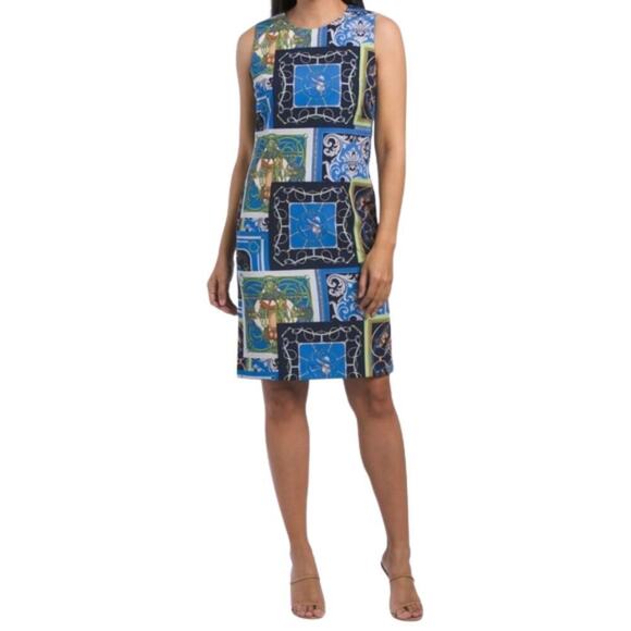 J. McLaughlin Belinda Dress Heraldic Patchwork Print Sleeveless Blue Size 6 NEW - Picture 1 of 8